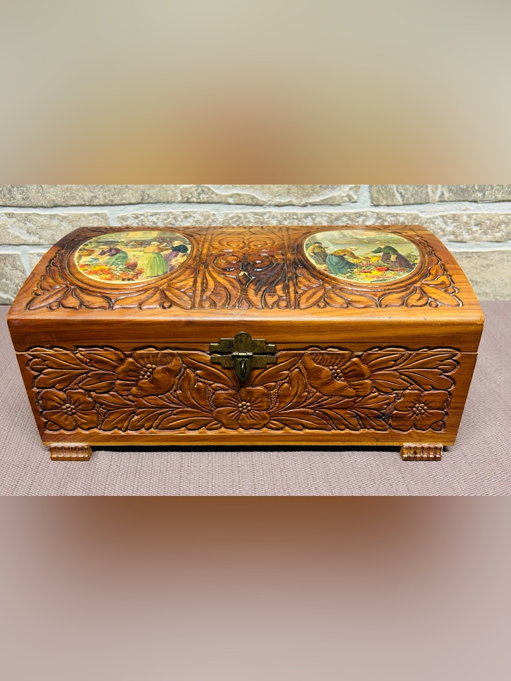 Vintage Hand-Carved Wooden Jewelry Box with Painted Inlays - Brown